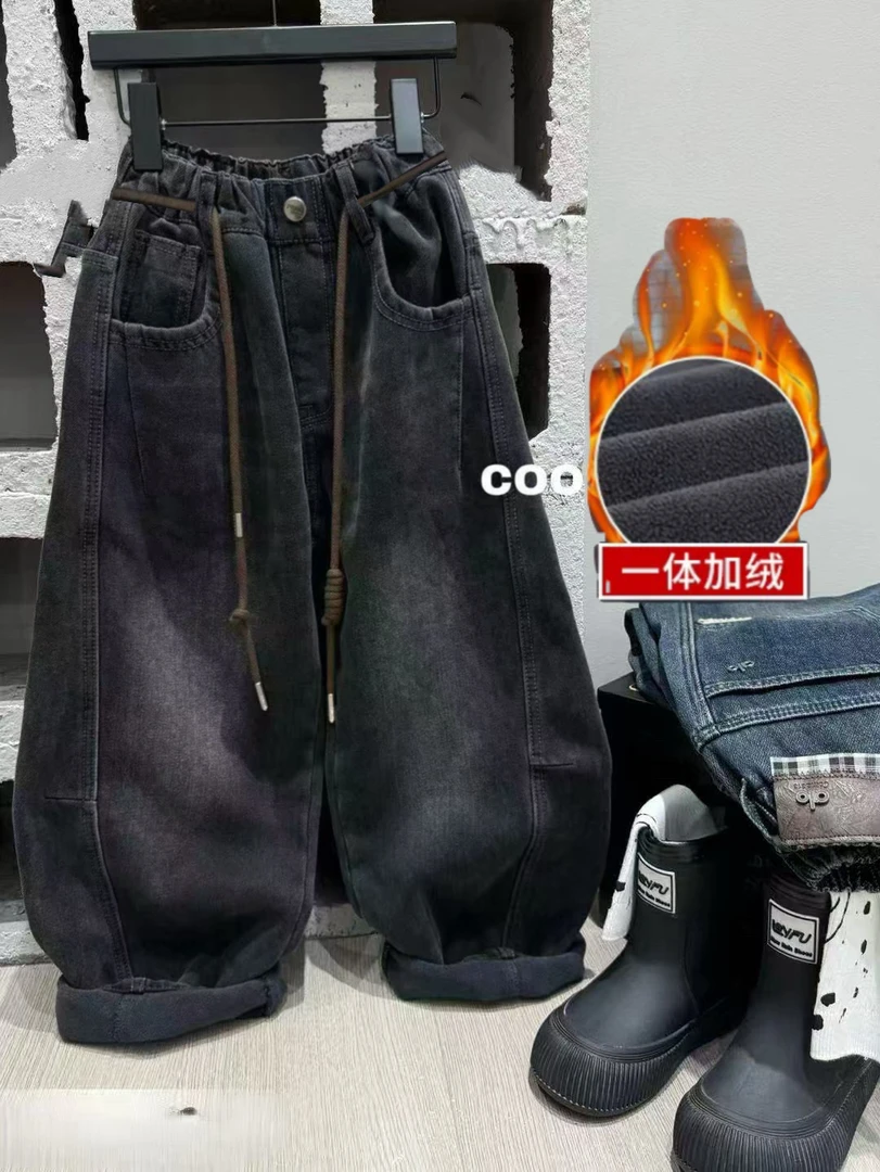 男高冬款一体绒软牛仔裤大童弯刀裤宽松百搭裤子洋气韩版直筒裤