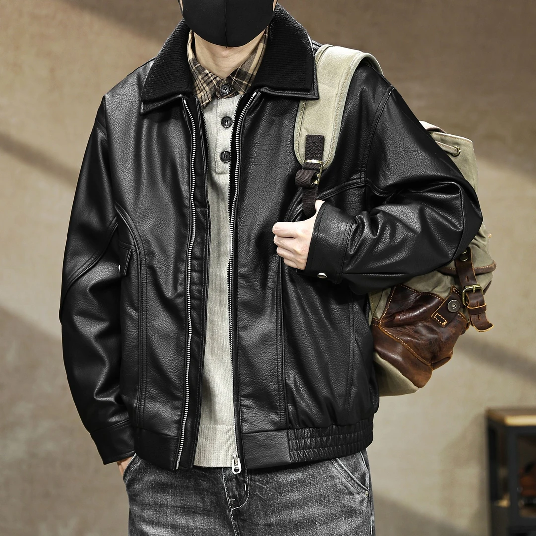 设计感假两件双层领PU皮衣羽绒服男冬季保暖防寒机车痞帅翻领外套