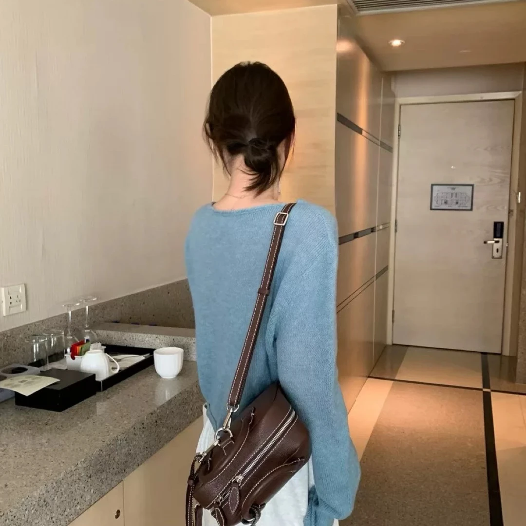 FOCUSE正品秋季韩代轻薄半透视宽松休闲慵懒针织衫女＋浅灰裤套装