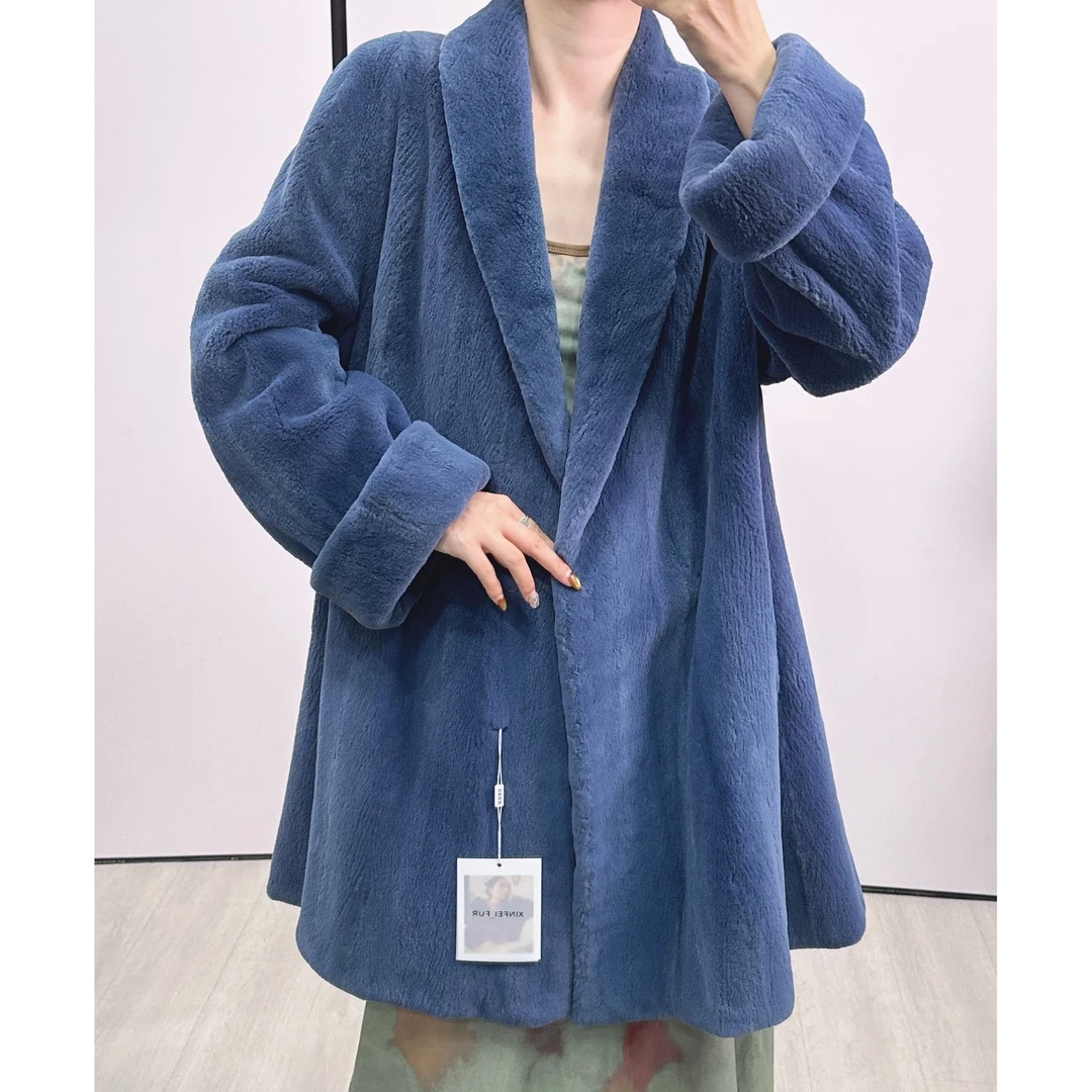 4047,XL,雾霾蓝貂绒青果领挽袖裙摆款水貂外套