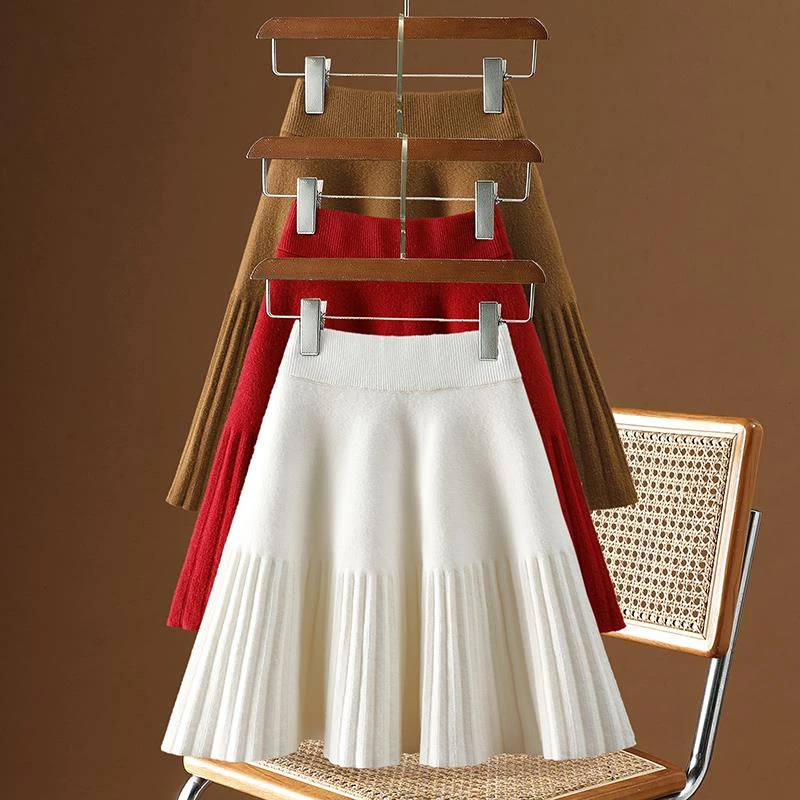 针织半身裙女2025秋冬新款高腰显瘦a字外穿伞裙弹力大摆百褶短裙