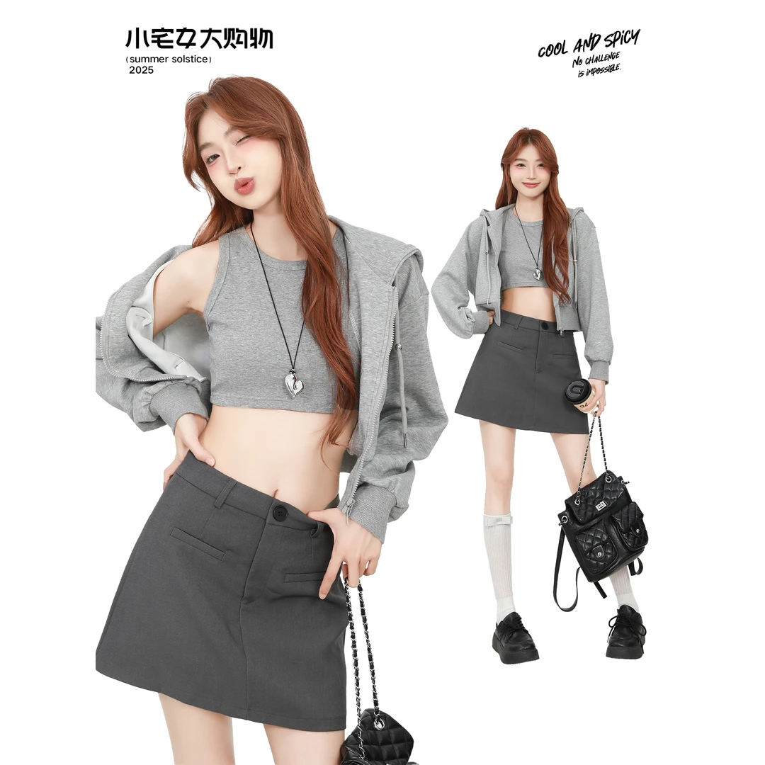 小宅女 韩系chic灰色短款卫衣外套女叠穿背心半身短裙早秋季套装
