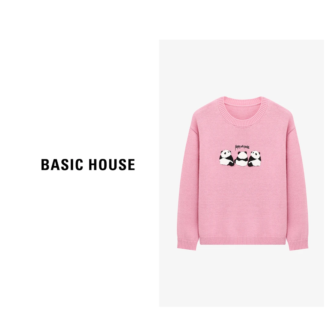 Basic House/百家好秋冬休闲时尚百搭熊猫刺绣毛衣-B06245I7332