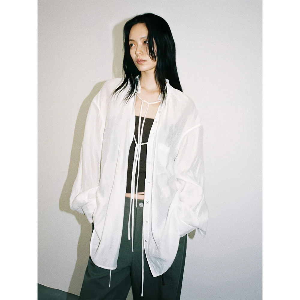 RandomPiece25夏 亚麻混纺波浪花边领门襟绑带慵懒麻透感绑带衬衫