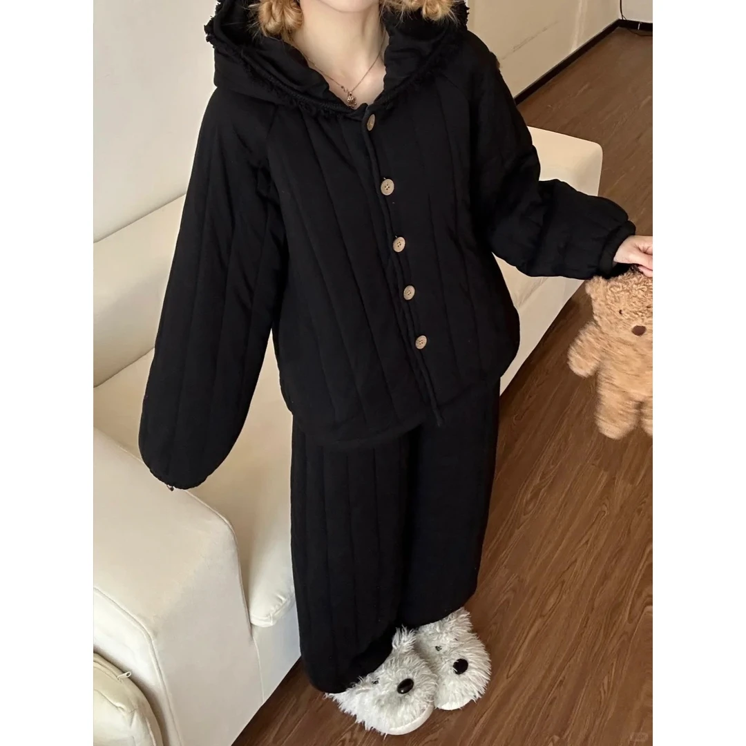 韩版简约风穿搭连帽夹棉睡衣女秋冬新款加厚保暖家居服套装可外穿