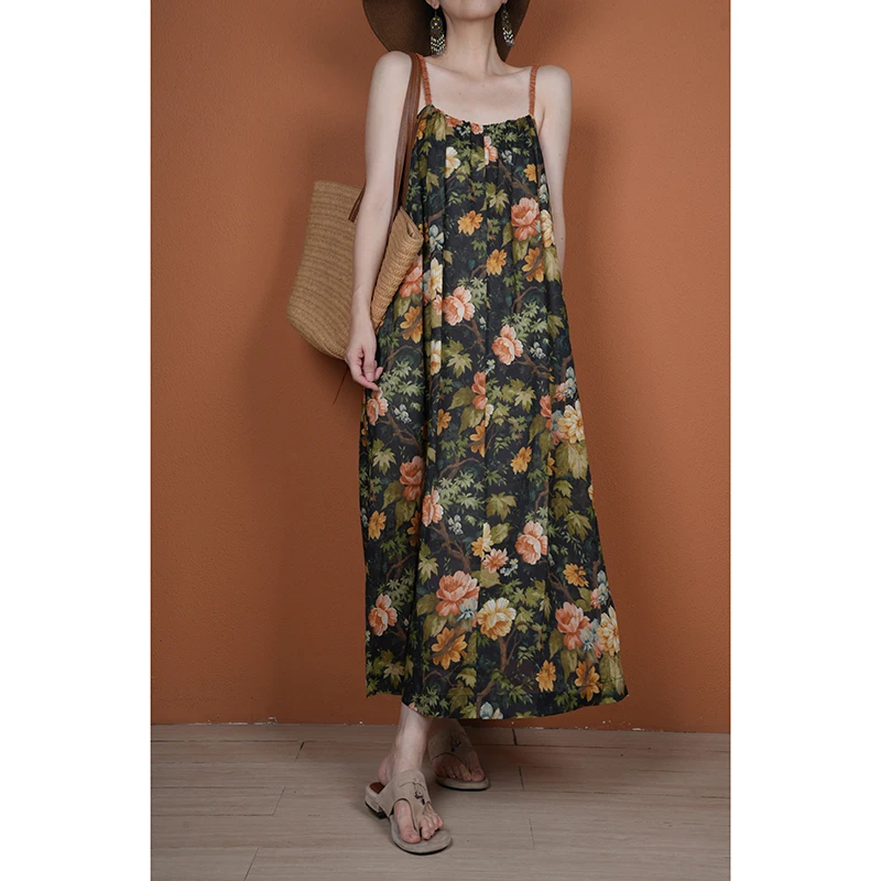 【与风萦】复古油画风吊带连衣裙 夏季气质印花长款