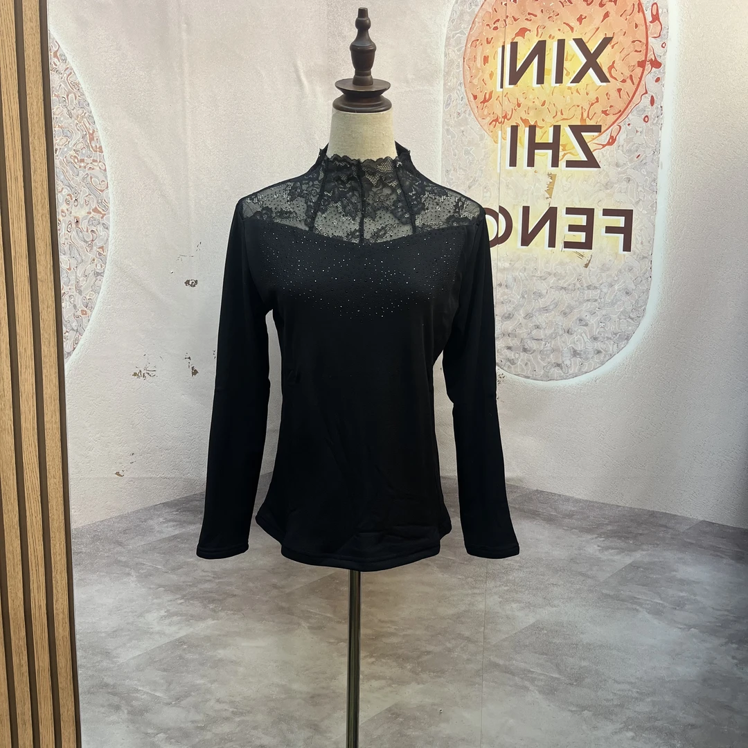 9102德泉峰冬季加绒加厚蕾丝网纱拼接烫钻修身洋气打底衫女保暖