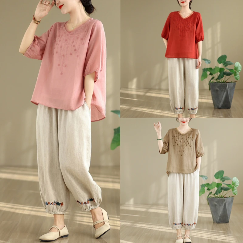 2025韩版大码显瘦刺绣文艺复古衬衫宽松棉麻裤夏季套装女