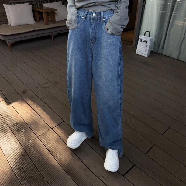 韩国东大门2025早春新款美式复古高腰多口袋牛仔裤女百搭阔腿长裤
