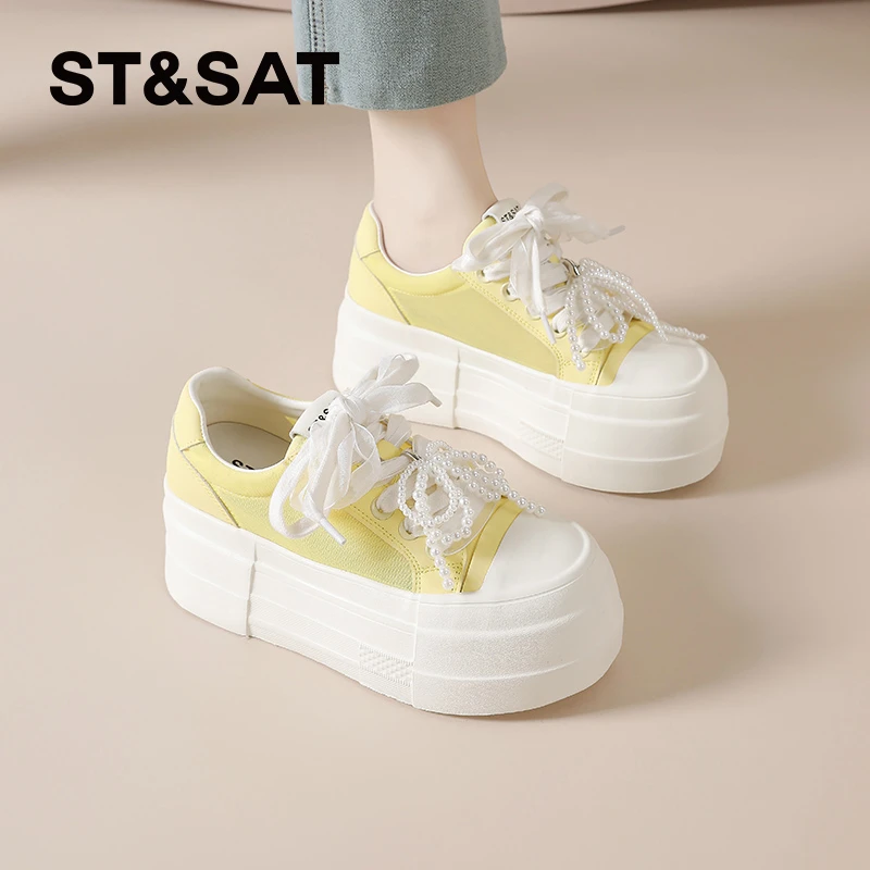 星期六百搭系带松糕鞋增高板鞋女士2025夏季蕾丝透气休闲运动鞋女