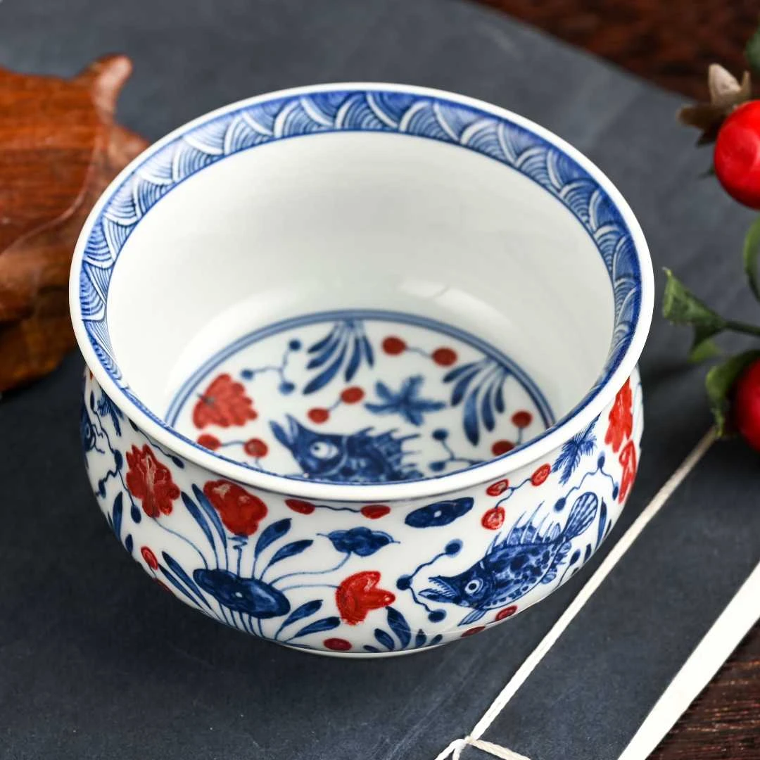 青花釉里红鱼藻纹炉式陶瓷杯品茗功夫茶杯手绘手工釉下彩