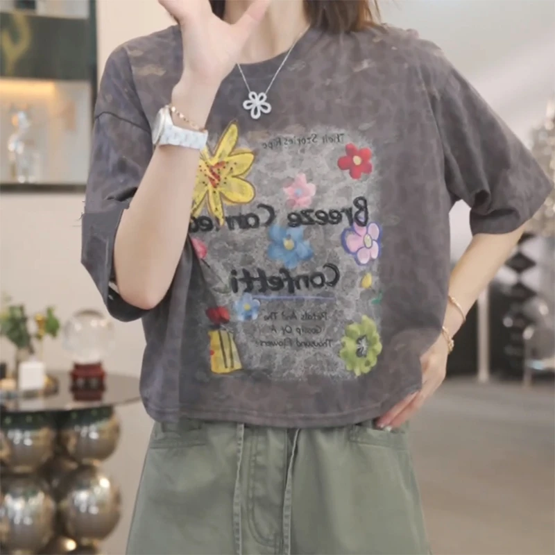 2025夏季新款欧货时尚百搭宽松显瘦圆领上衣休闲小众洋气短袖T恤