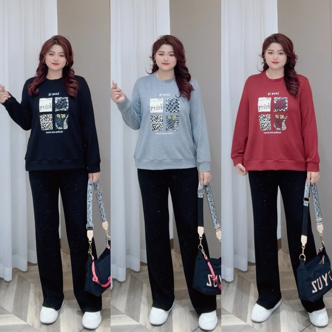 PWD32656【现货仅上衣】韩版宽松圆领套头加厚卫衣大码（衣长70）