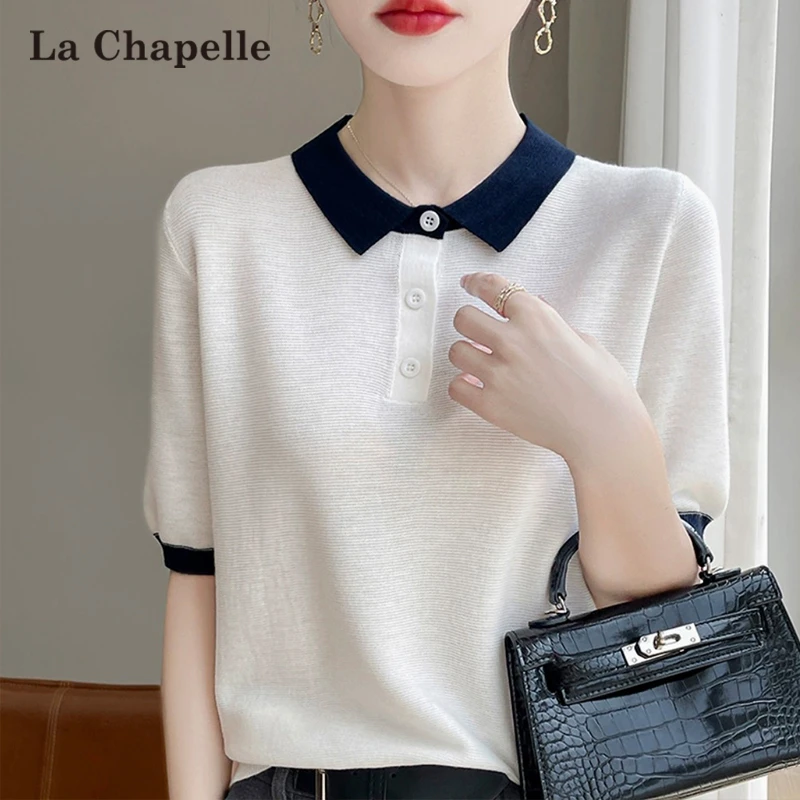 拉夏贝尔冰丝针织短袖T恤女翻领夏季2025polo领宽松显瘦百搭上衣