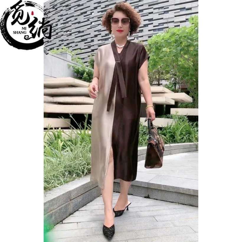 觅绱高端阔太太时尚醋酸拼接裙女2025新款大码显瘦气质减龄连衣裙