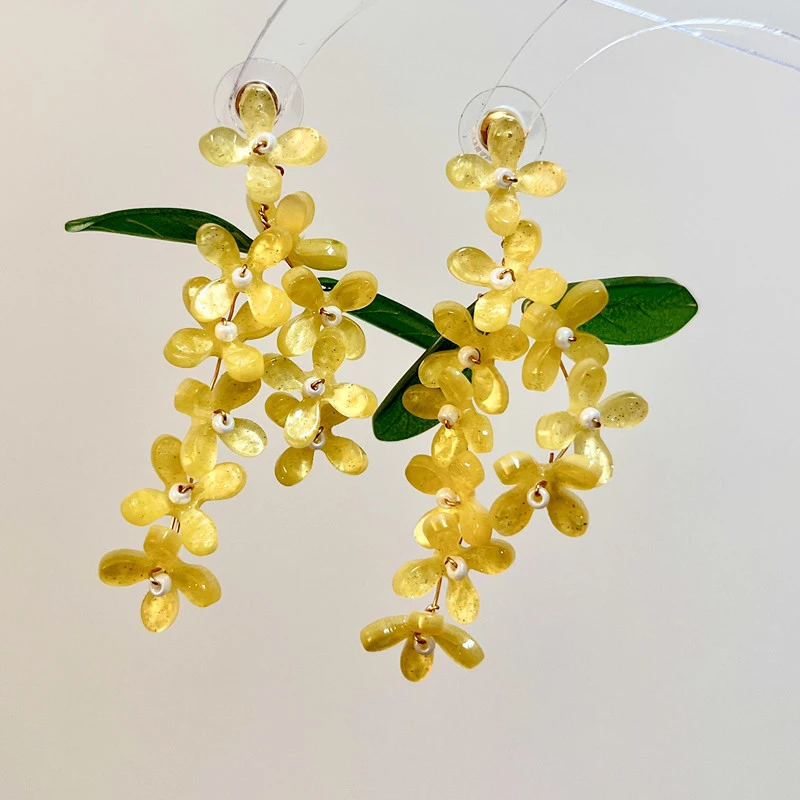 铜合金耳饰 桂花手工串珠耳钉ins小清新显白度假风耳环无耳洞耳夹