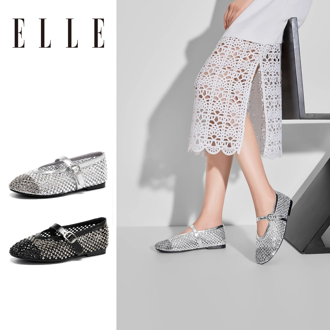 ELLE真皮闪闪水钻渔网鞋女款透气镂空洞洞凉鞋平底浅口玛丽珍单鞋