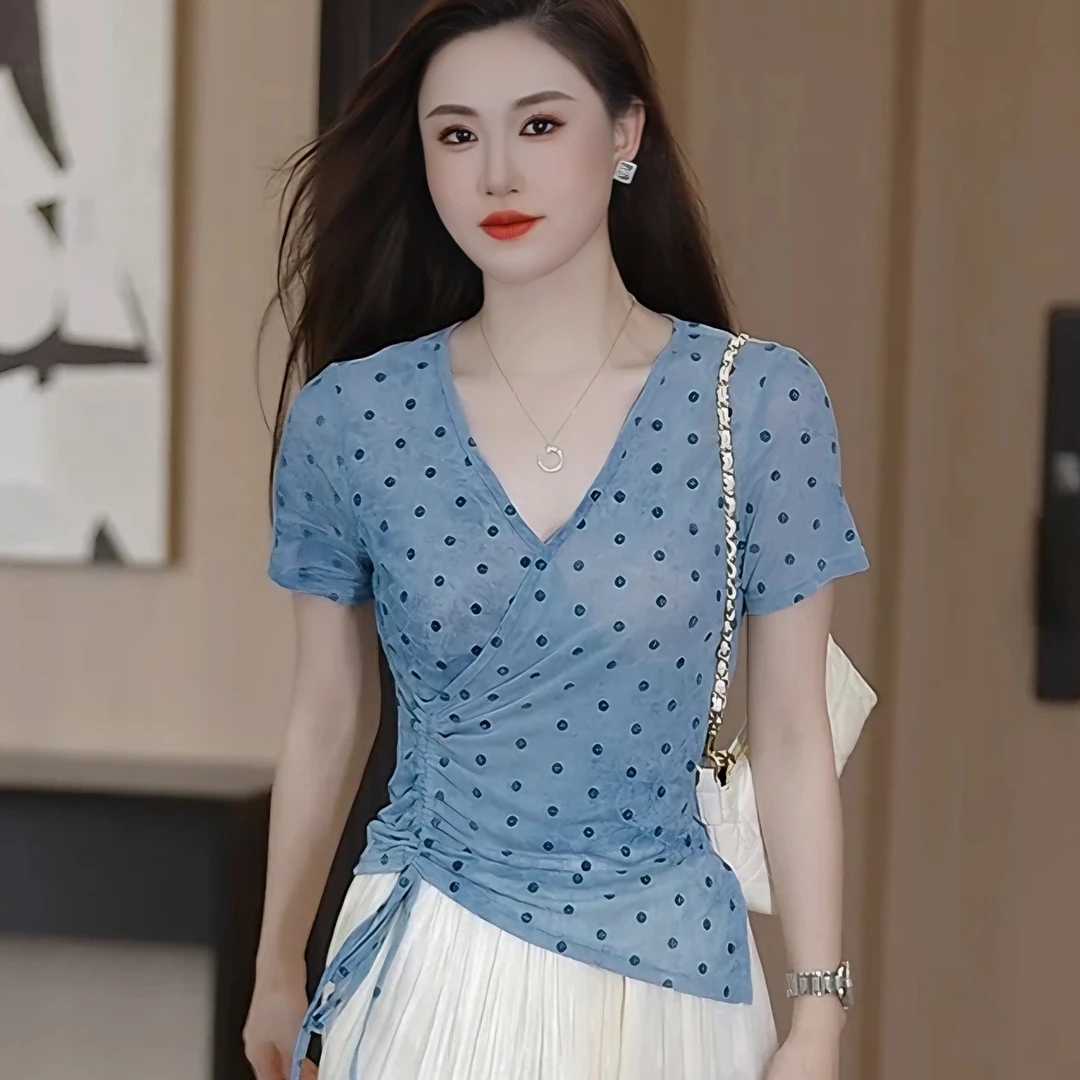 法式网纱波点短袖T恤女2025夏季新款褶皱V领收腰修身显瘦小衫上衣