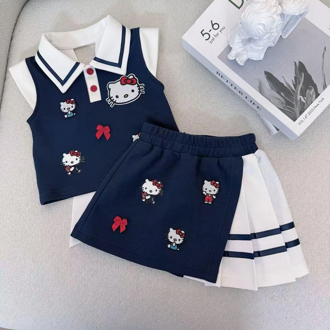 女童套装新款2025蝴蝶结衬衫学院风儿童洋气背心夏季百褶裙两件套