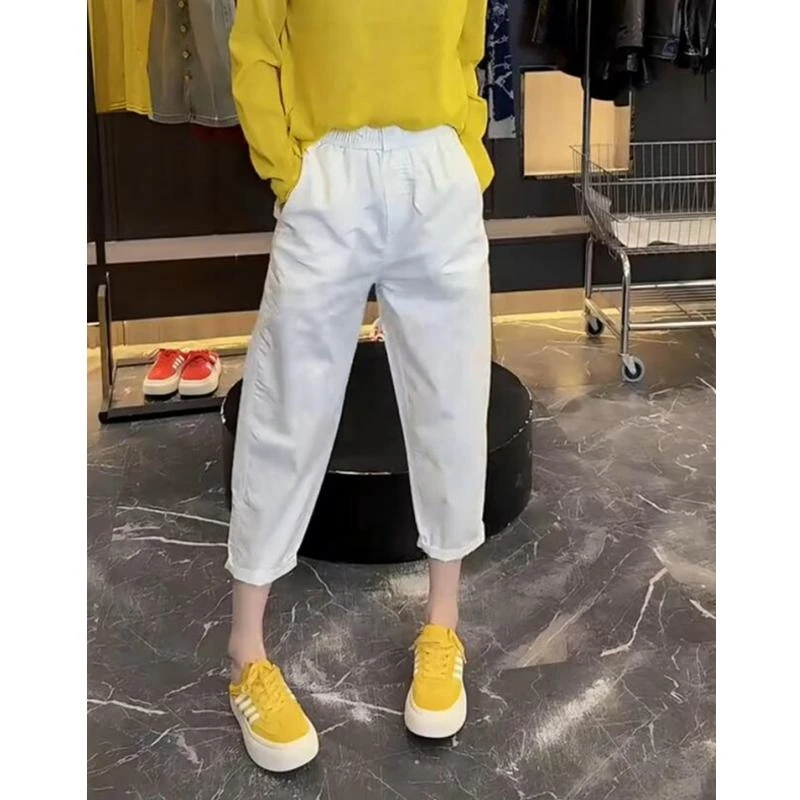 纯色时尚休闲裤女2025夏季薄款松紧高腰弹力显瘦百搭八分哈伦裤