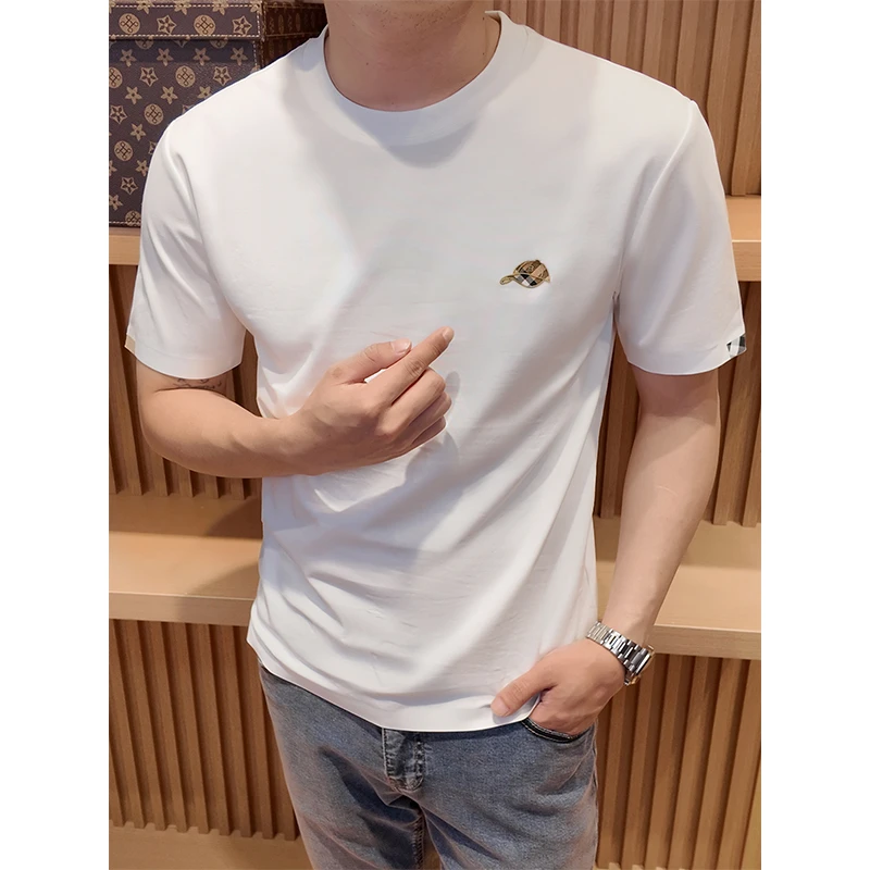 高级感丝滑爽肤~夏季薄款弹力白色丝光棉t恤男修身压胶圆领短袖男