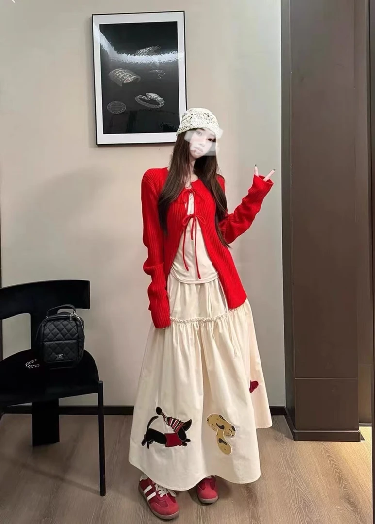 大码女装绑带针织开衫外套+重工贴布绣花半身裙+打底衫套装春款女
