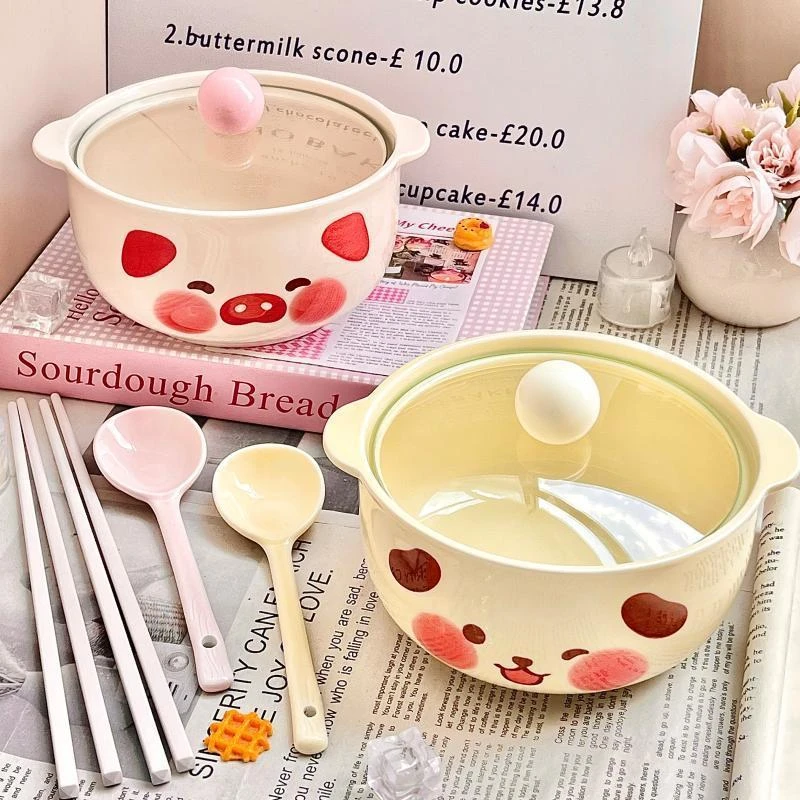 奶油风小猪小狗陶瓷泡面碗双耳带盖釉下彩防烫家用宿舍方便面碗LW