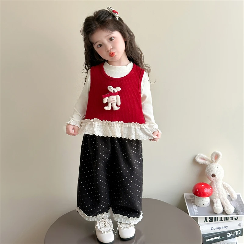 女童套装春秋2025新款女宝巨好看秋装洋气女孩韩系穿搭马甲三件套