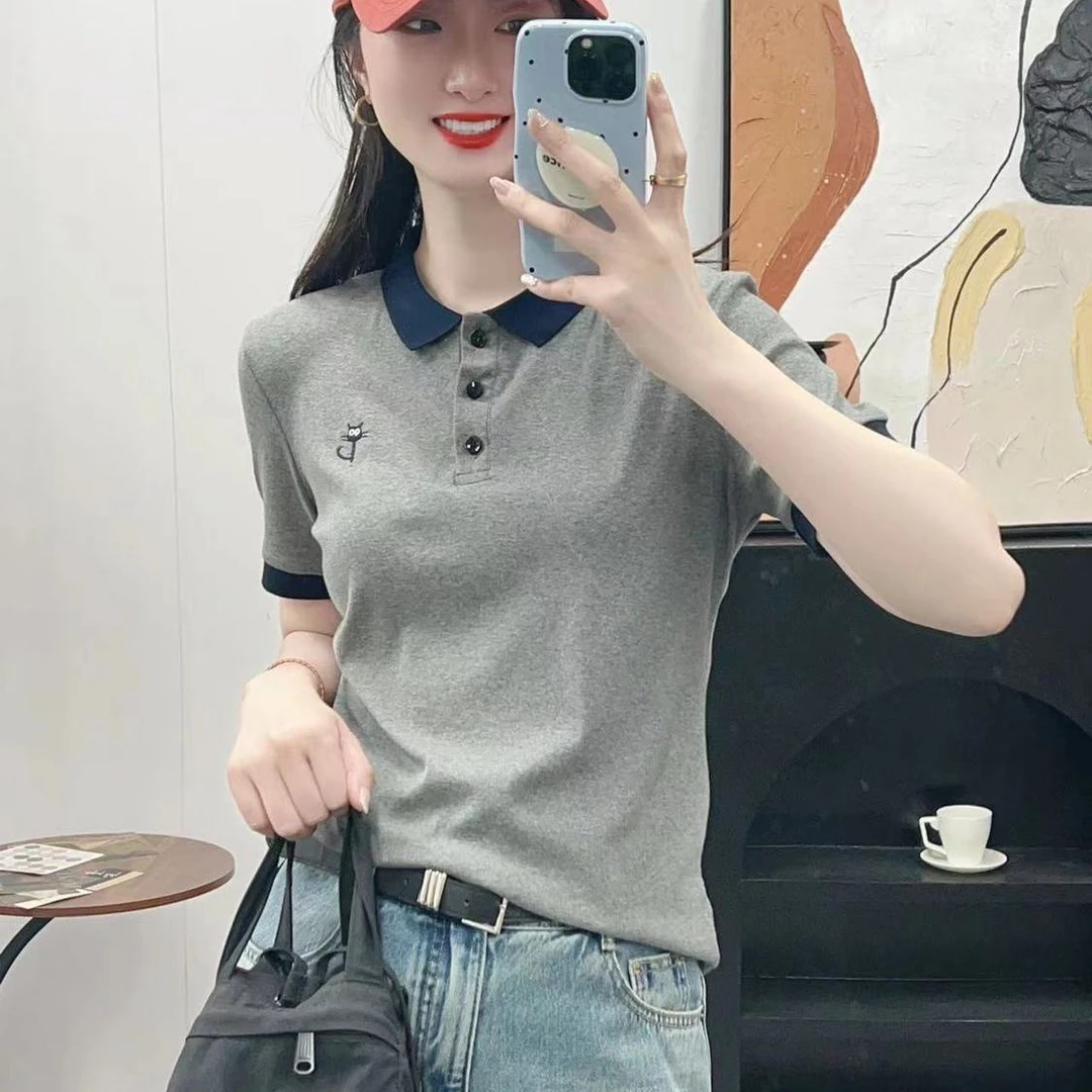 2025夏季拼接小众领polo领显瘦polo衫时尚百搭休闲短袖气质女正品