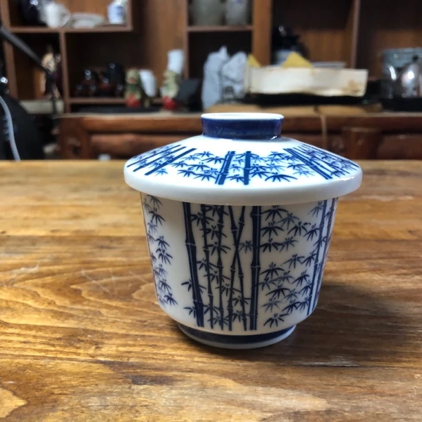 日式带盖瓷碗釉下青花竹林图案大盖碗盖杯炖盅茶碗茶杯精美陶瓷