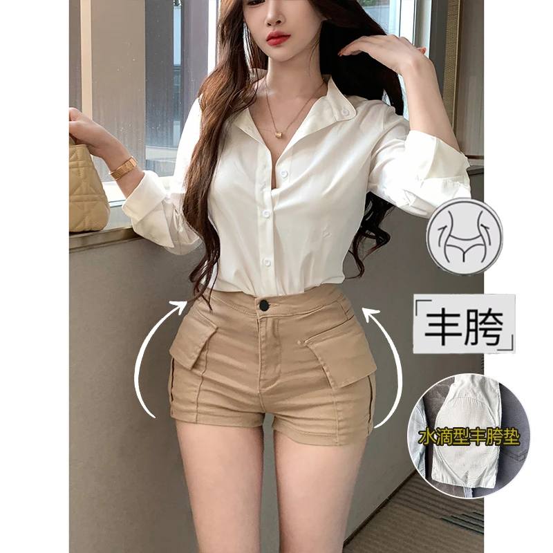 卡其显瘦双口袋丰胯工装短裤女2025秋季新款高腰紧身包臀牛仔热裤