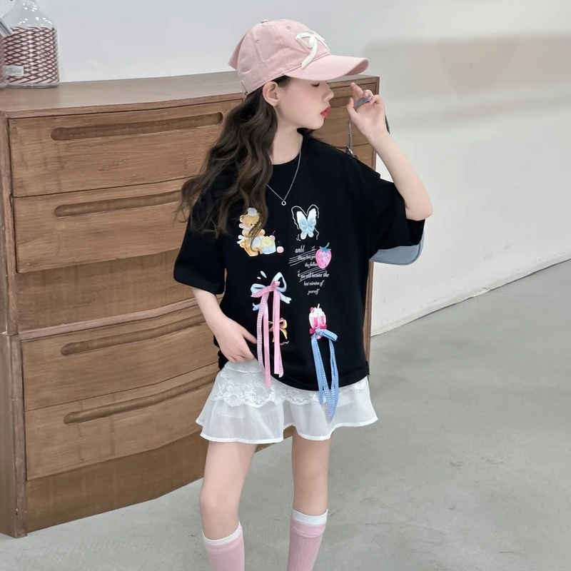 女童卡通印花蝴蝶结丝带短袖t恤夏季韩版宽松2025新款中大童半袖