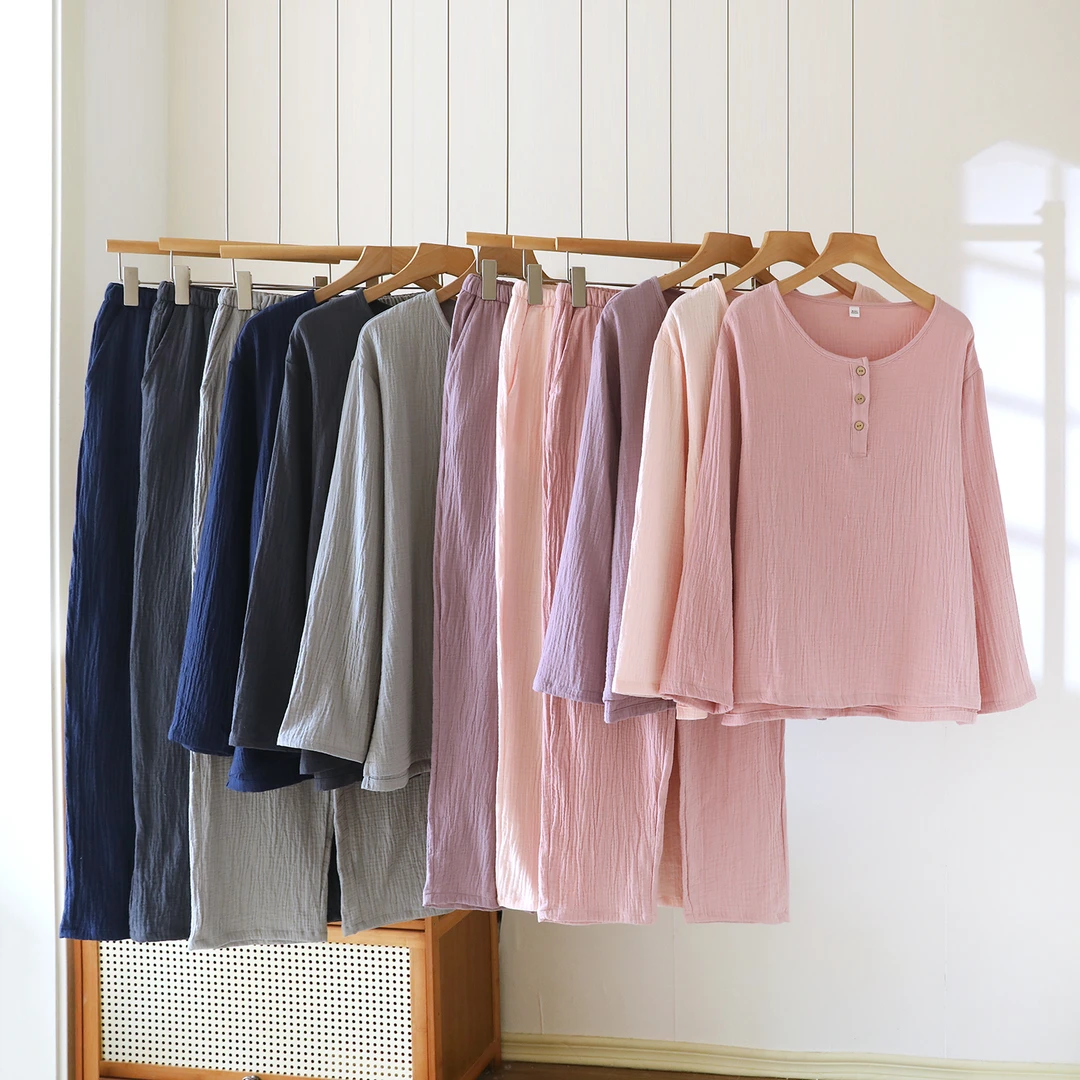 100%棉情侣圆领全棉双层纱布长袖长裤睡衣套装女四季款舒适家居服