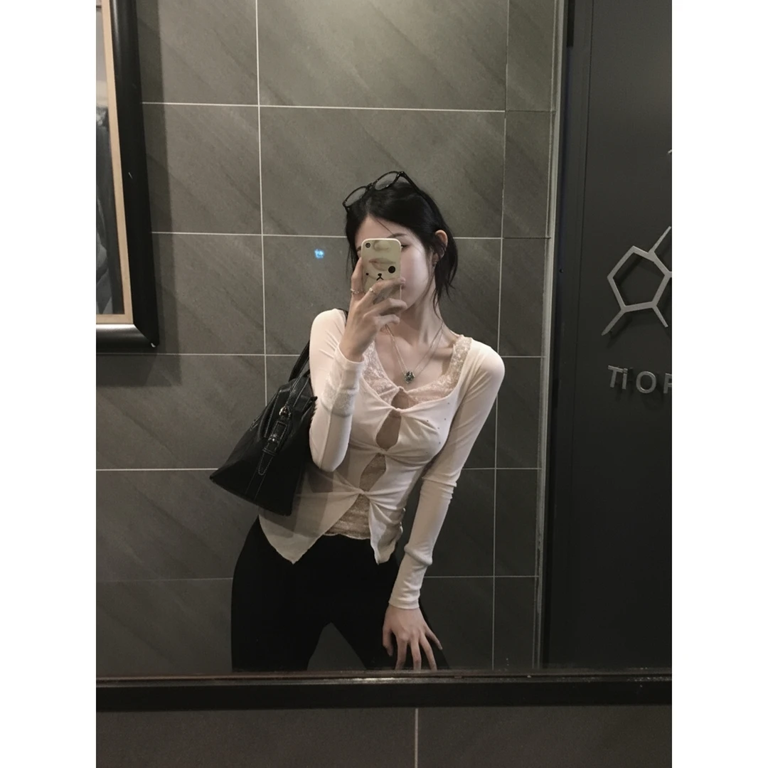 法式蕾丝镂空长袖打底衫T恤女秋内搭可外穿纯欲辣妹修身显瘦上衣