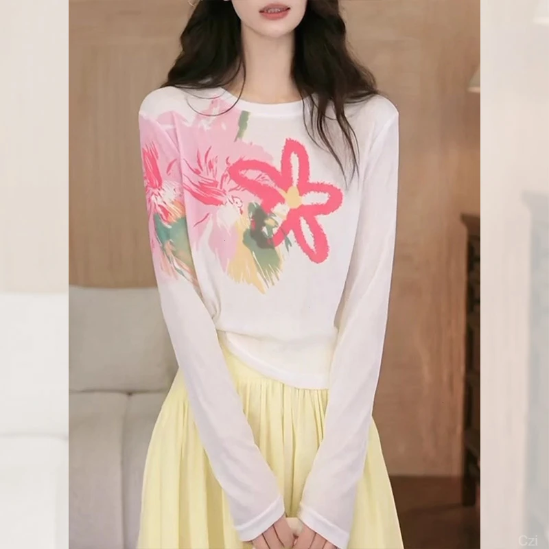 针织宽松型长袖仙女风时尚百搭印花休闲风T恤常规