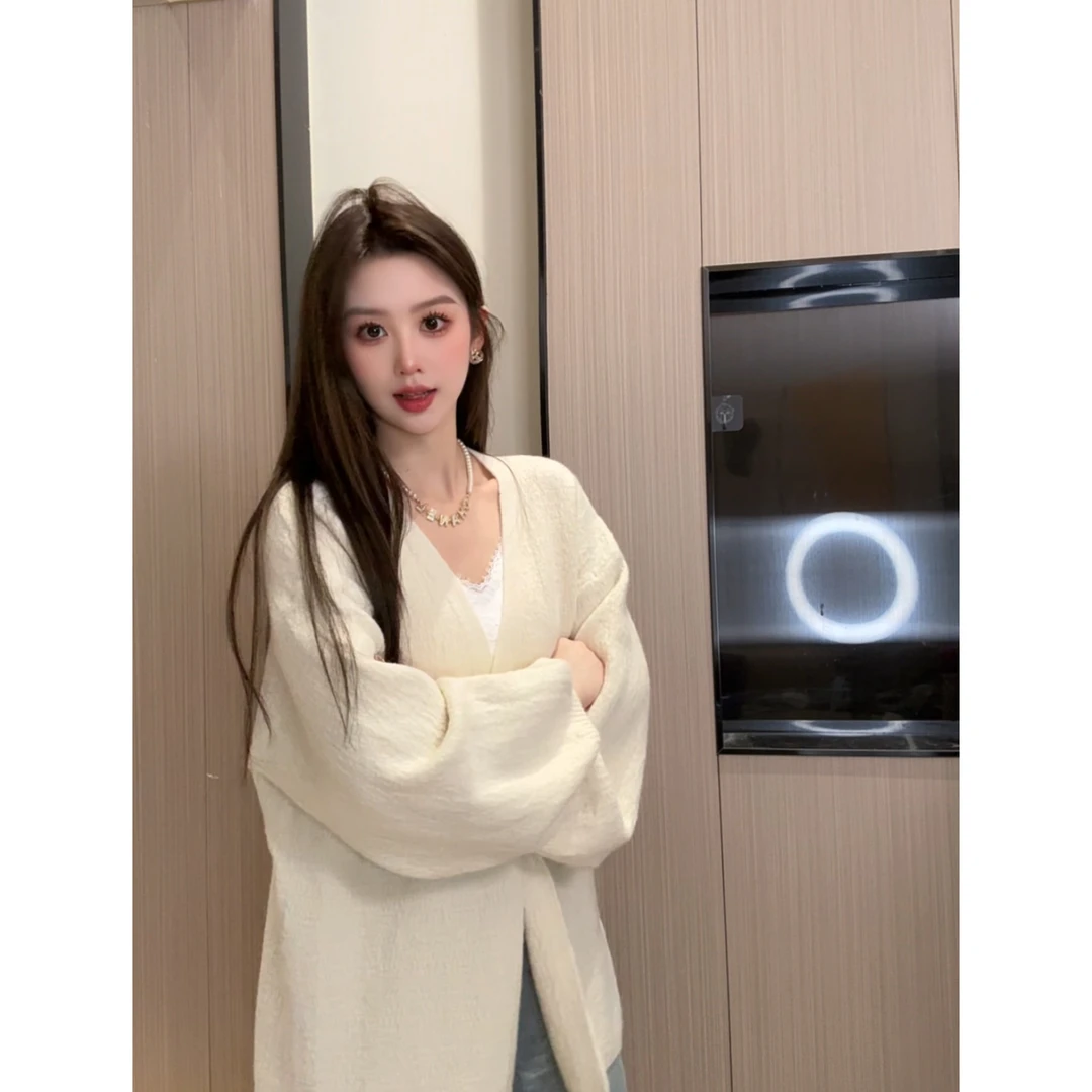 早秋慵懒风中长款长袖开衫上衣2025韩系休闲纯色毛衣82201#0.1