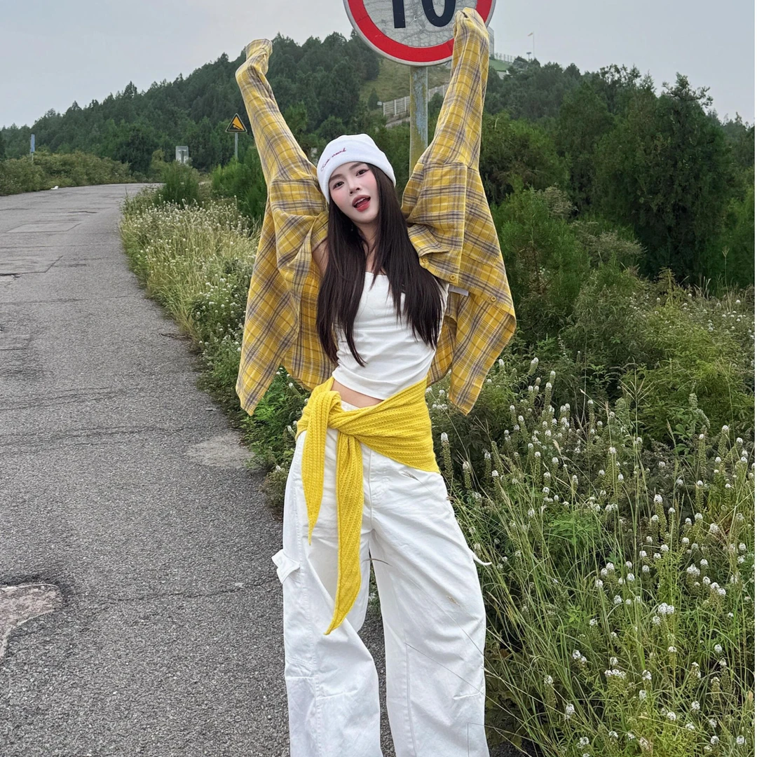 美式复古黄色格子衬衫女早秋慵懒风宽松休闲薄外套高腰百搭阔腿裤