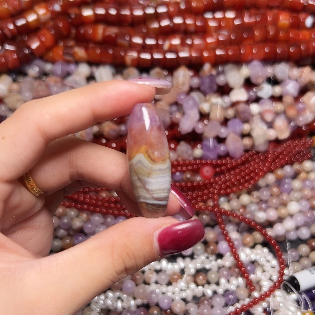 玛瑙/玉髓足银镶嵌珠宝半成品E208。天然极光玛瑙天珠一个
