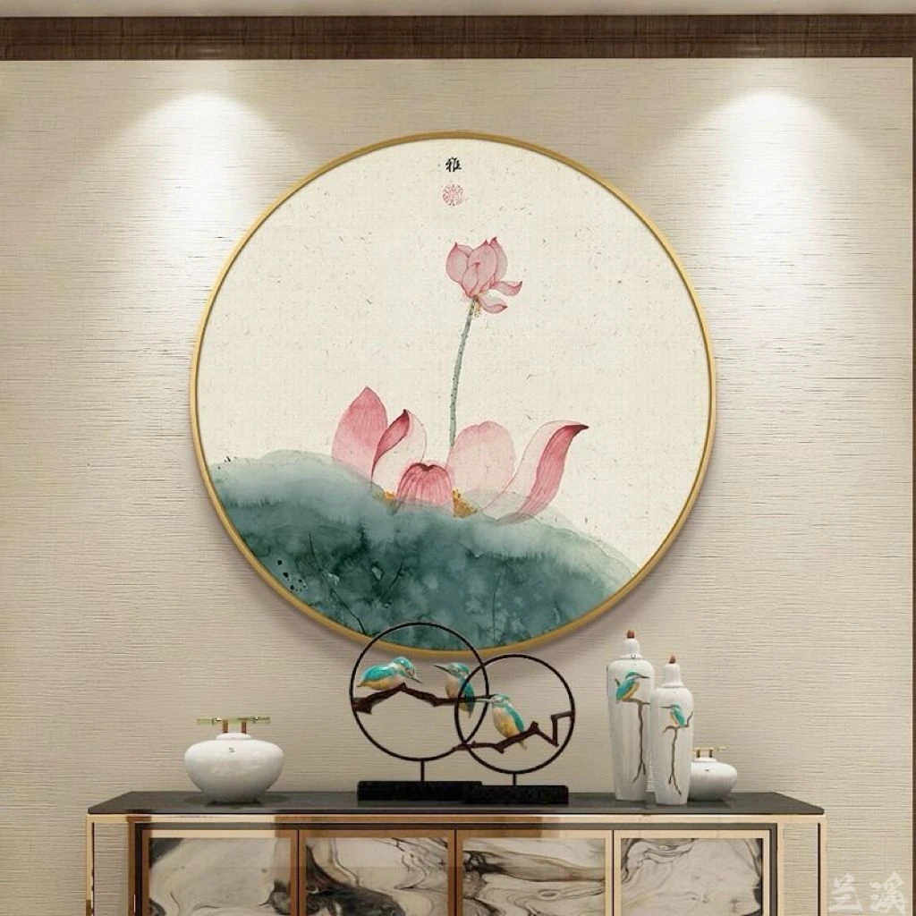 新中式画入户玄关装饰画中国风荷花挂画客厅茶室禅意圆形壁画