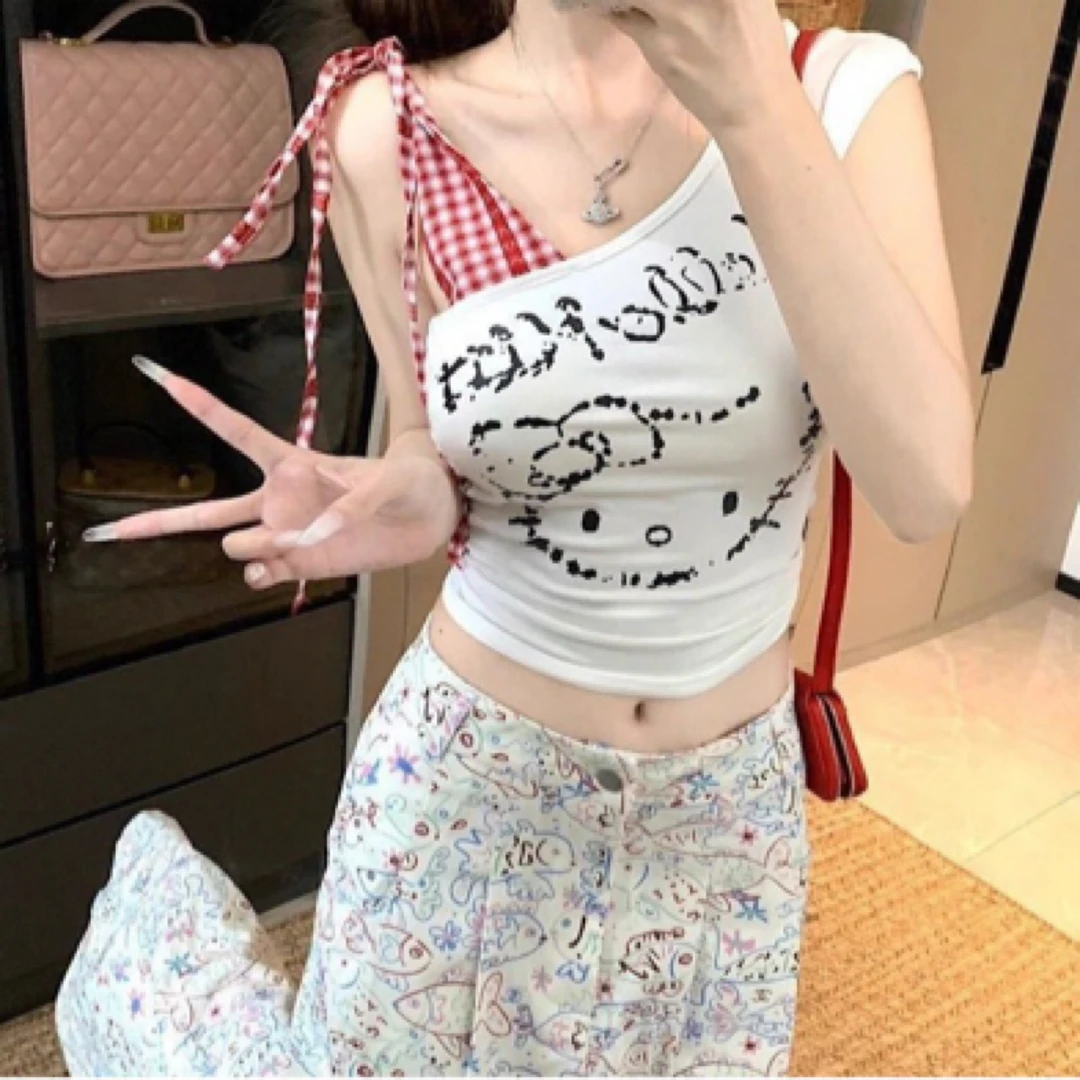 甜辣女生夏季露肩带胸垫格子拼接斜肩短款上衣背心