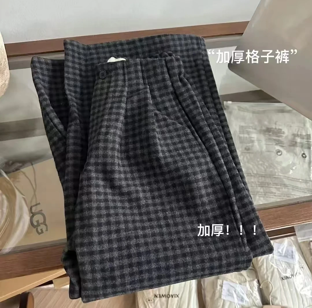 韩国东大门2024秋冬松紧垂感宽松百搭显瘦经典阔腿双面毛呢格子裤