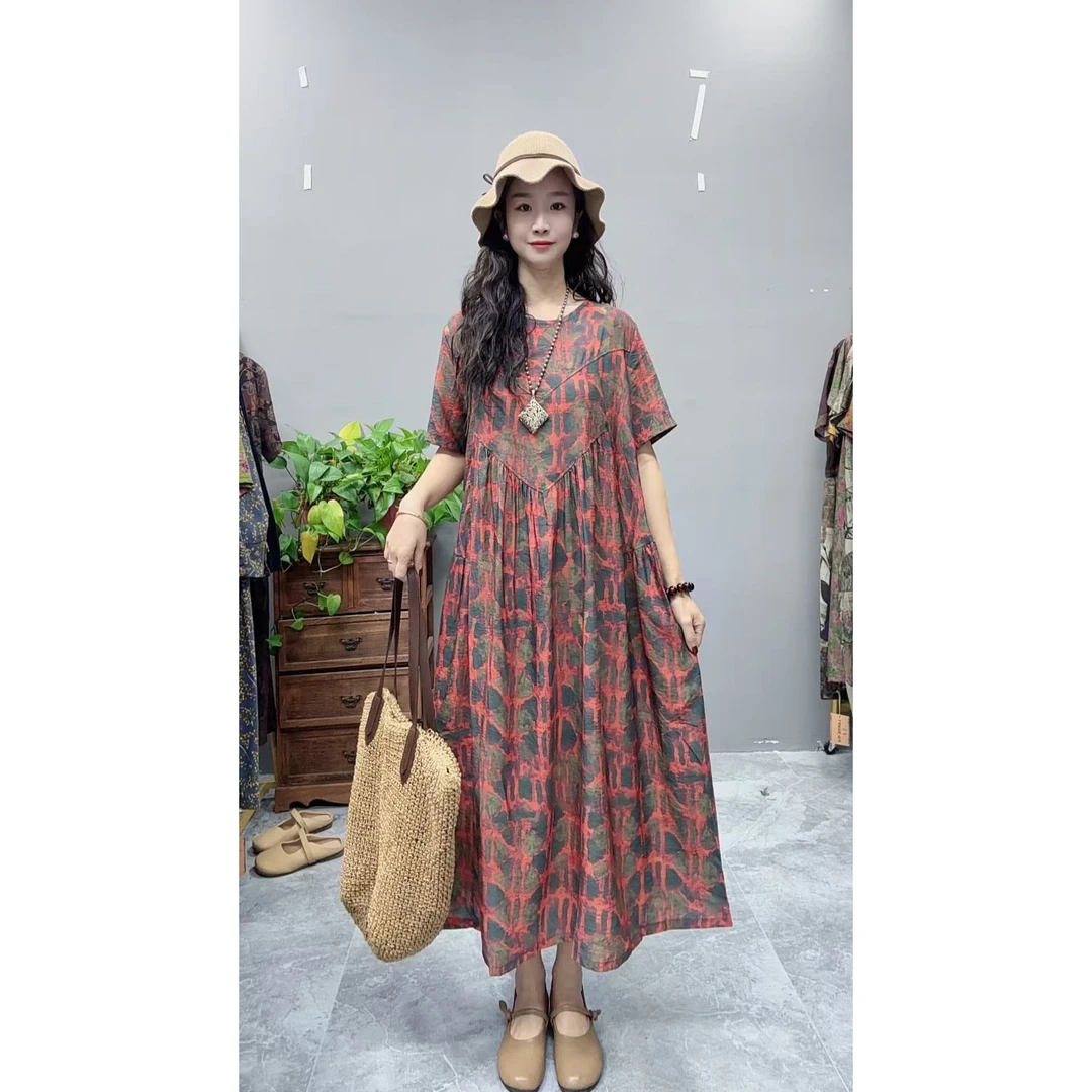 5001夏季新款清凉气质时尚复古遮肚宽松女显瘦百搭圆领休闲连衣裙