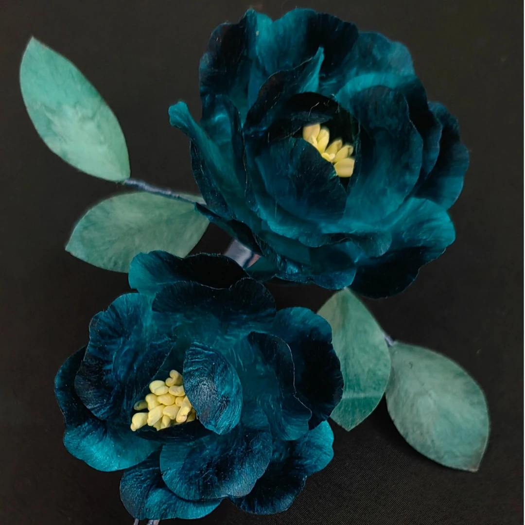 【孔雀蓝】南京非遗绒花纯手工制作孔雀蓝牡丹花边夹款蓝色复古古风