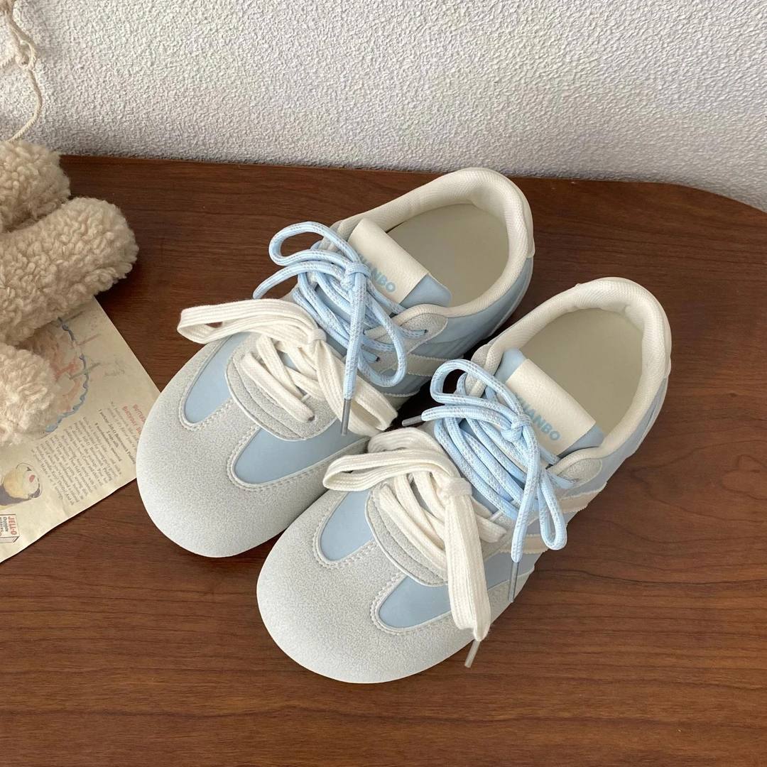 浅兰色双系带拼色德训鞋女2025秋新软底舒适百搭休闲芒果头阿甘鞋