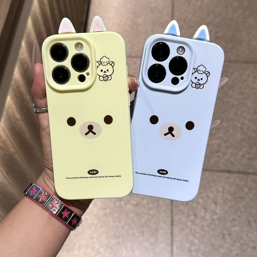 情侣猫耳朵轻松熊液态硅胶精孔适用苹果17pro手机壳iPhone16/15