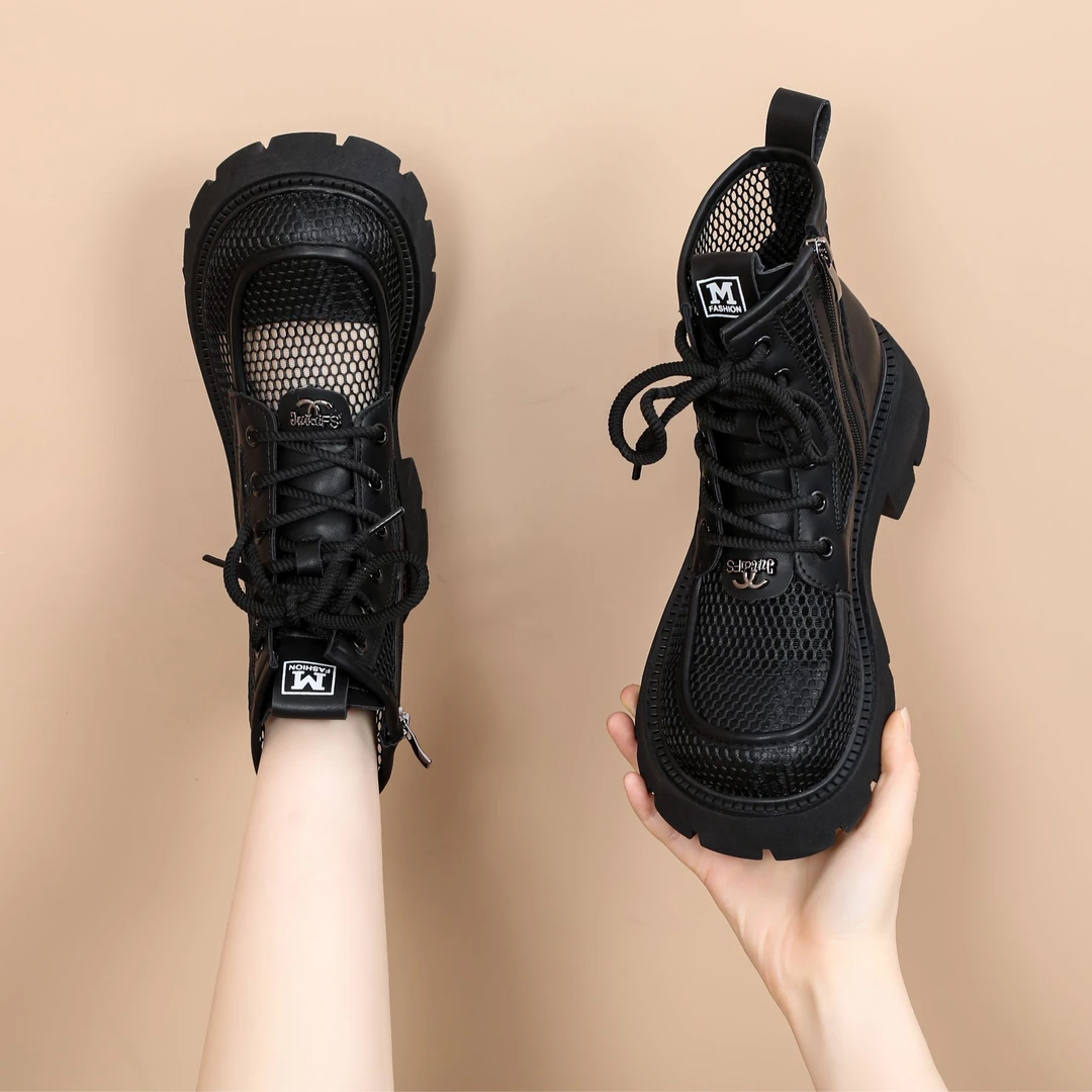 皮厚底透气马丁女春夏季镂空凉黑色鞋子女款爆款老钱鞋子女款夏季