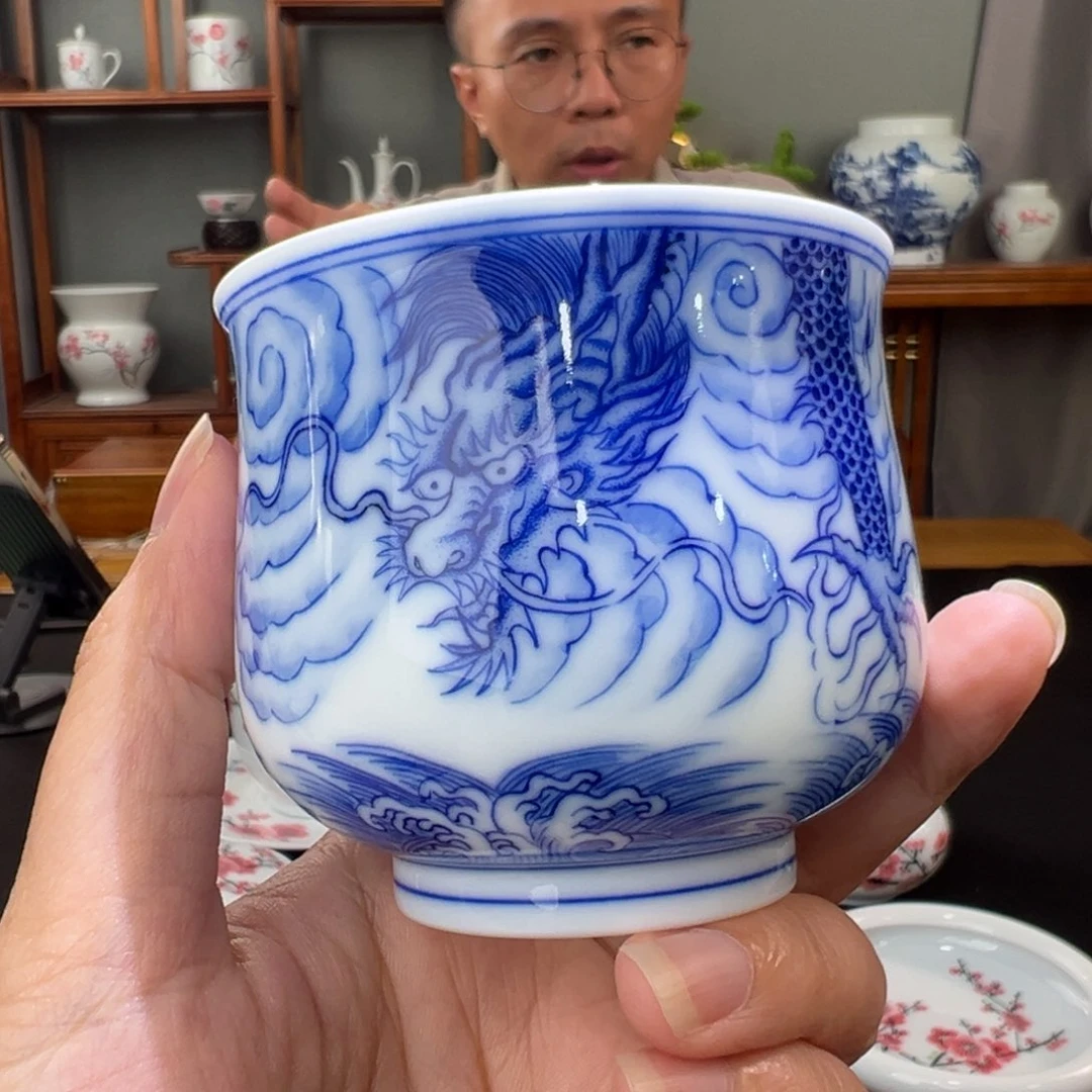 柴窑滑石子 青花龙纹福筒杯