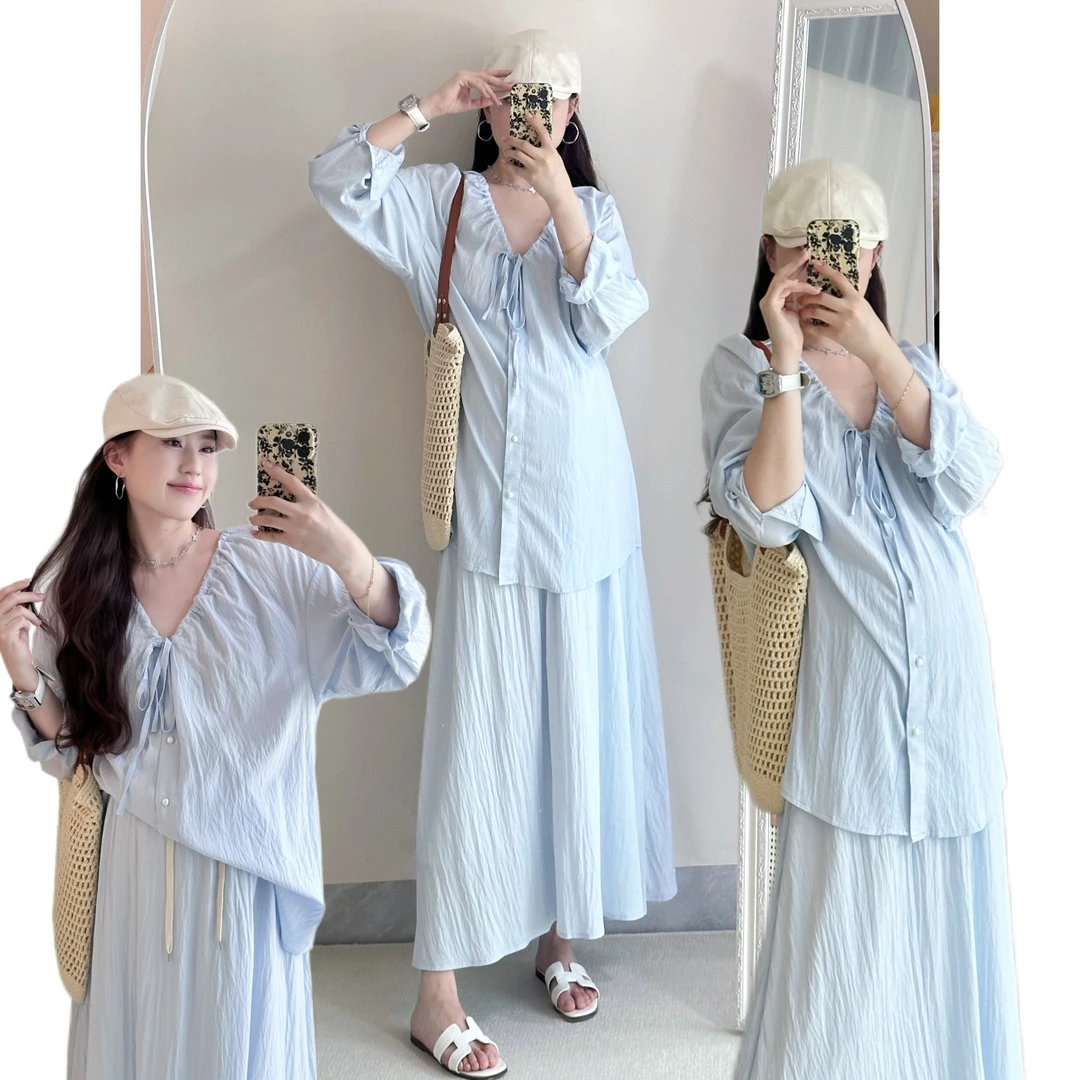 【Cai一林专属】孕妇慵懒风防晒气质长袖衬衫+宽松半身长裙两件套