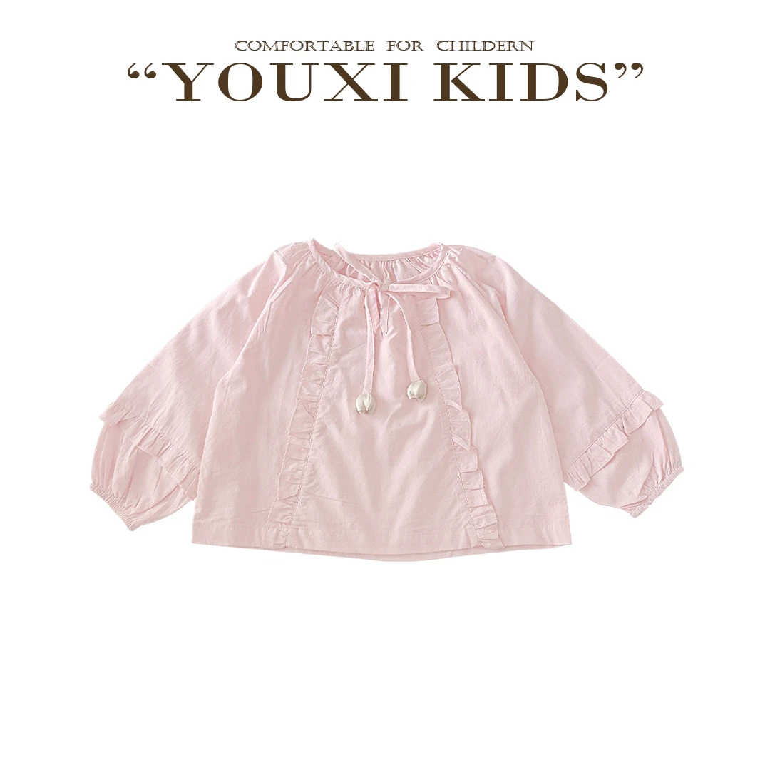 现飞飞家·花海郁金25新女童春长袖可爱纯色宽松显白娃娃衫FF2605