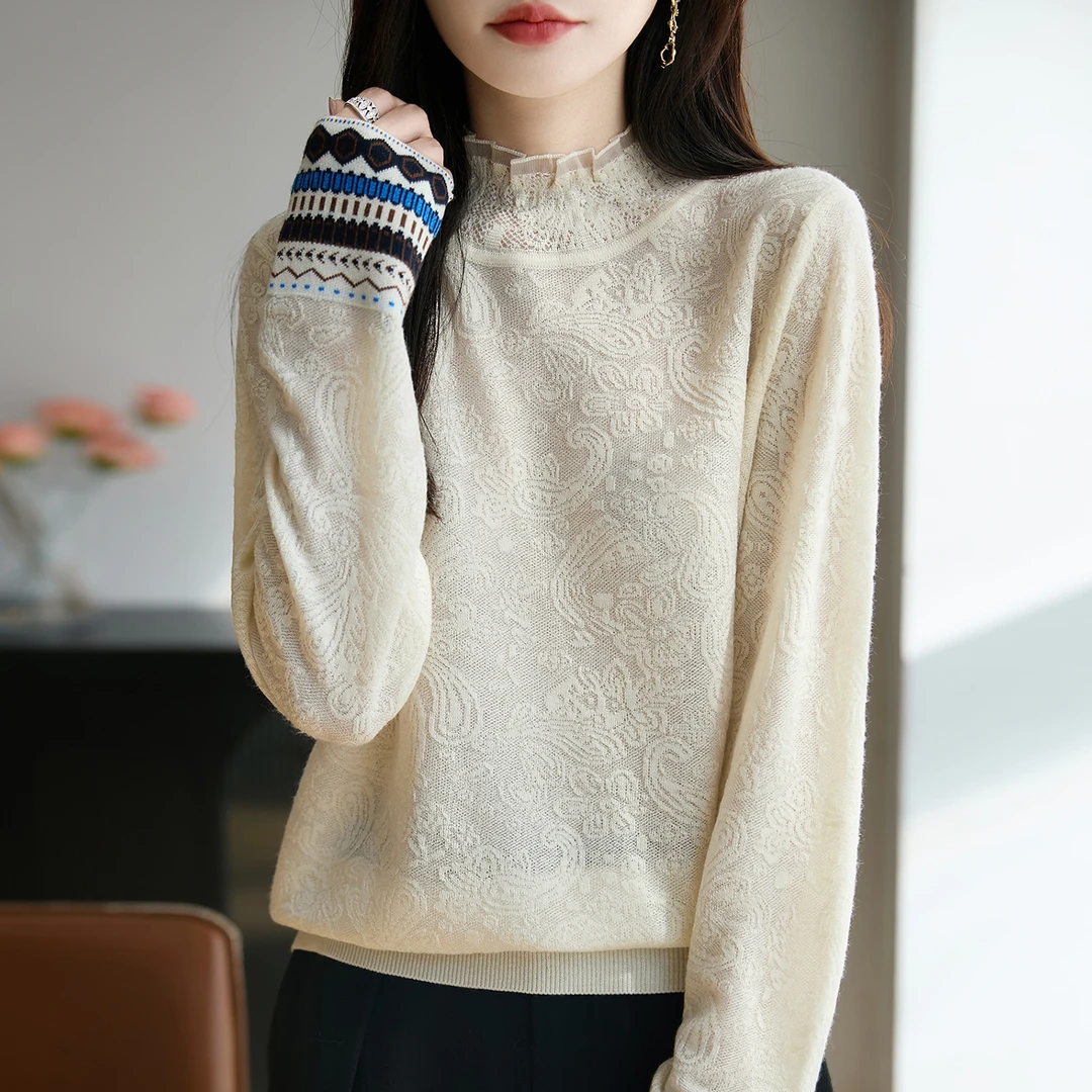 微胖mm春秋大码半高领女士毛衣遮肚子显瘦蕾丝上衣内搭针织打底衫